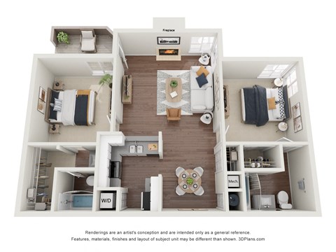 Floor plan for 2 beds, 2 baths, 953 sqft